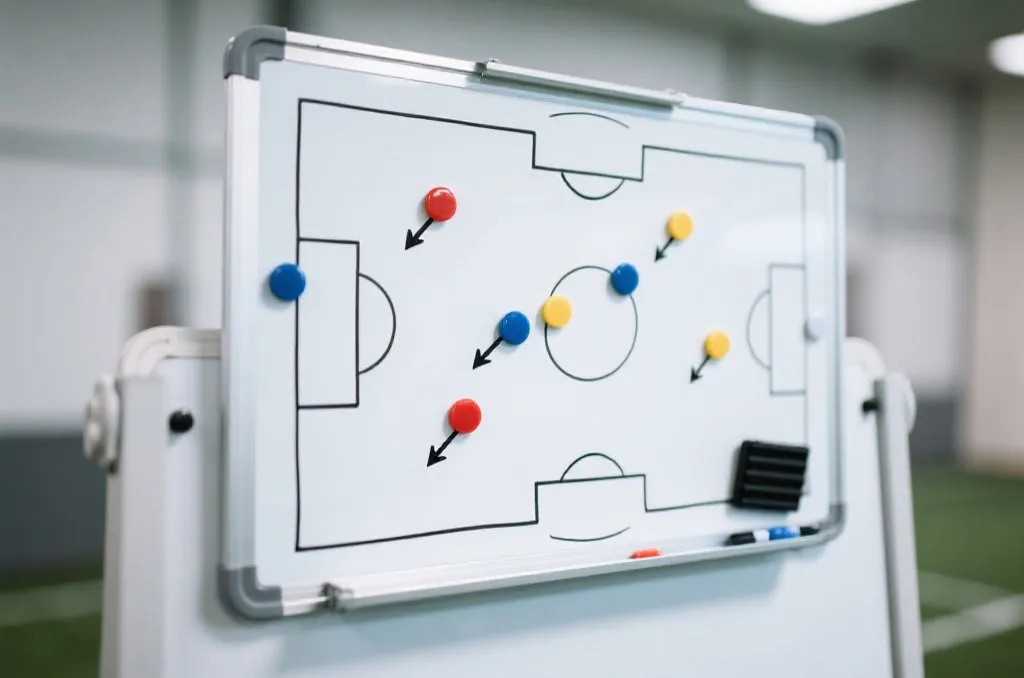 Tactical soccer strategy board with magnetic markers and drawn arrows