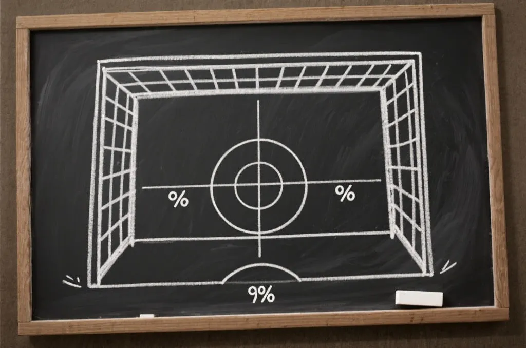 An abstract tactical chalkboard diagram showing soccer goal target zones with percentage statistics, clean and educational style
